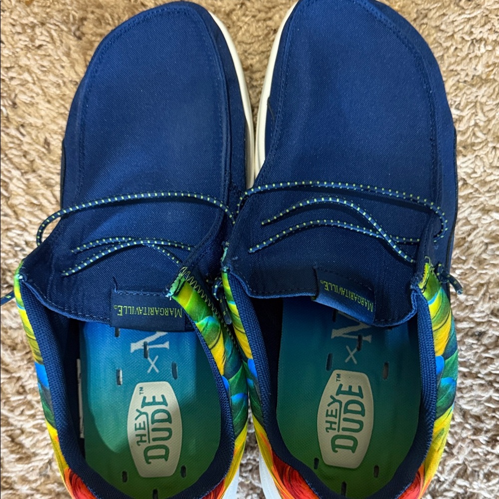 Hey Dude Men’s Navy Canvas Slip-Ons with Multicolor Tropical Accents